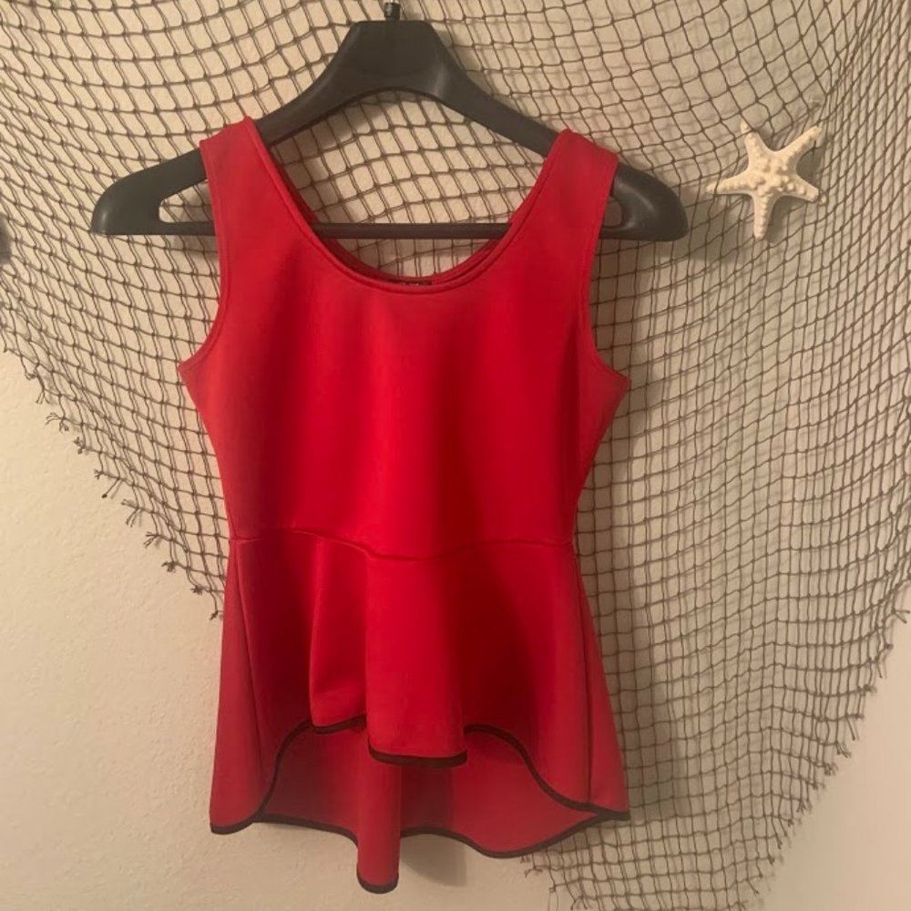 Red Short Sleeve Blouse Front Short, Back Long Peplum